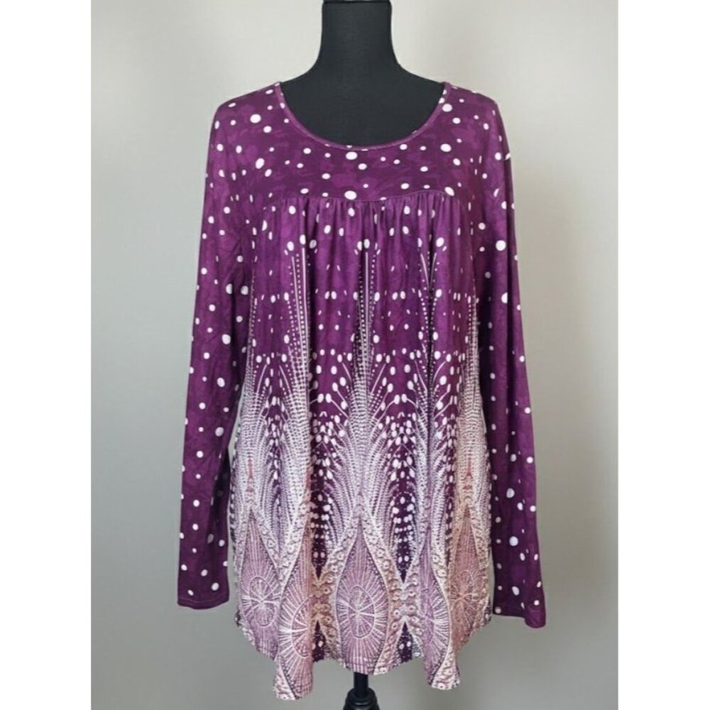 Purple Mixed‎ Print Pleated Tunic Top - Long Sleeve 2XL